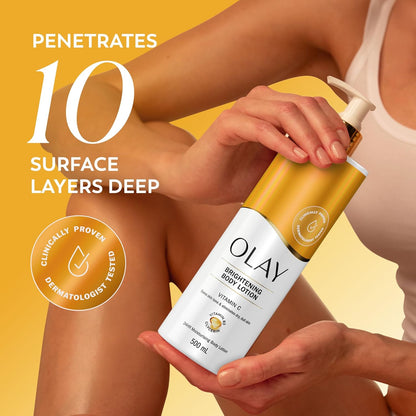 Olay Vitamin C Brightening Body Lotion, 24HR Moisturising Cream For Full Body Skin Care, Evens Skin Tone, With Vitamin C, Vitamin B5 B3, Glycerin, Smooth and Moisturised Skin, No Greasy Residue, 500ml