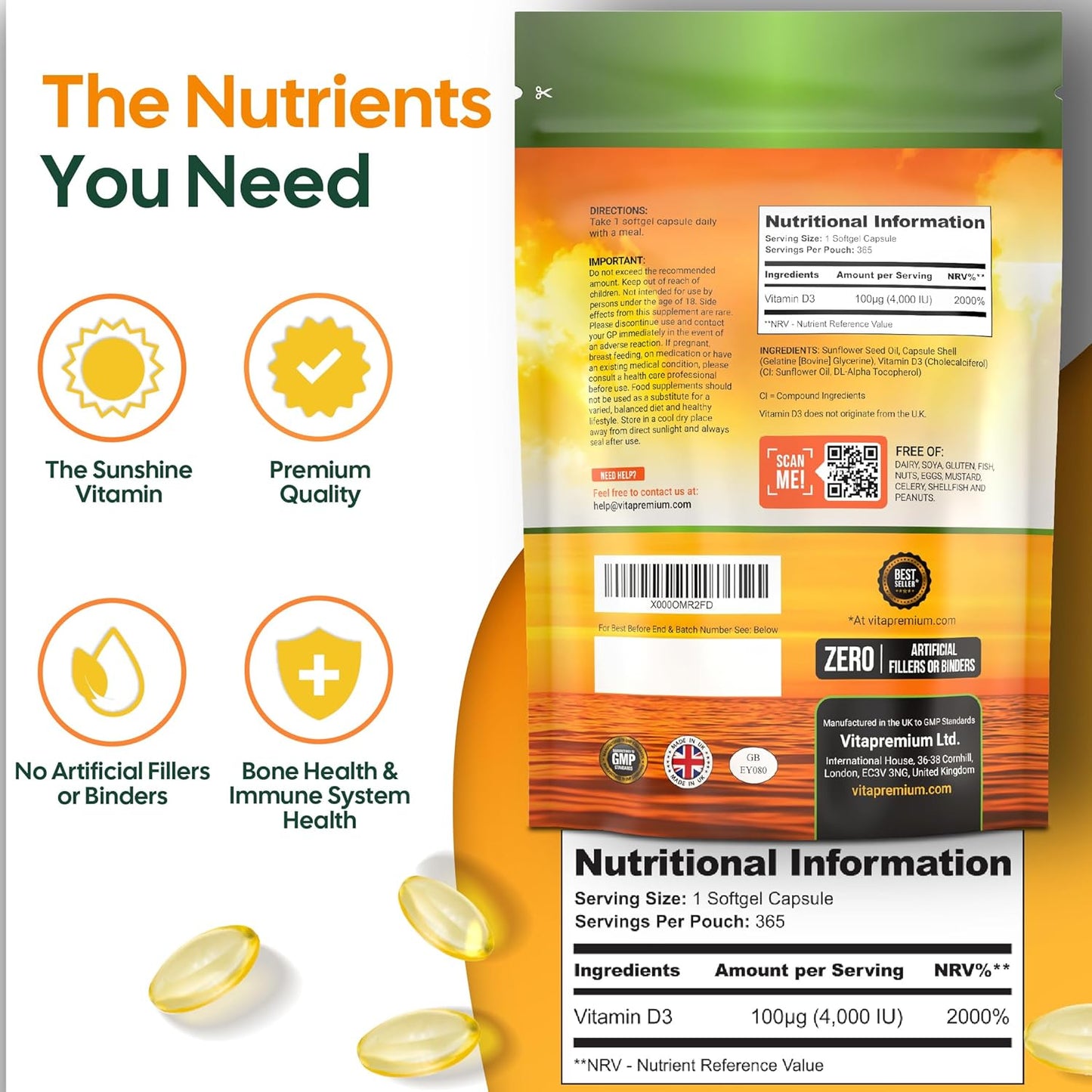 Vitamin D 4,000 IU Gel Capsules, High Strength Vitamin D3 Supplement, 365 Easy to Swallow Tablets - Full Year Supply