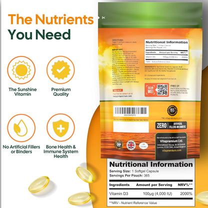 Vitamin D 4,000 IU Gel Capsules, High Strength Vitamin D3 Supplement, 365 Easy to Swallow Tablets - Full Year Supply