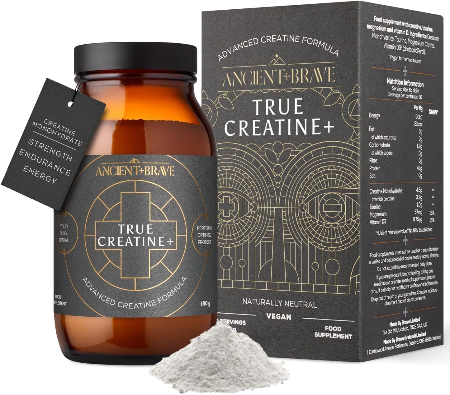 Ancient + Brave True Creatine+ - 180g - Premium Creatine Monohydrate Powder - 100% Micronised - High Performance, Strength Building - Muscle Recovery, Cognitive Function & Wellness