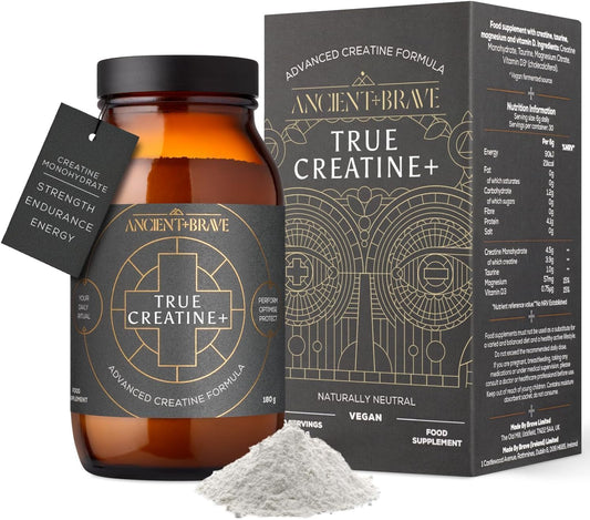 Ancient + Brave True Creatine+ - 180g - Premium Creatine Monohydrate Powder - 100% Micronised - High Performance, Strength Building - Muscle Recovery, Cognitive Function & Wellness