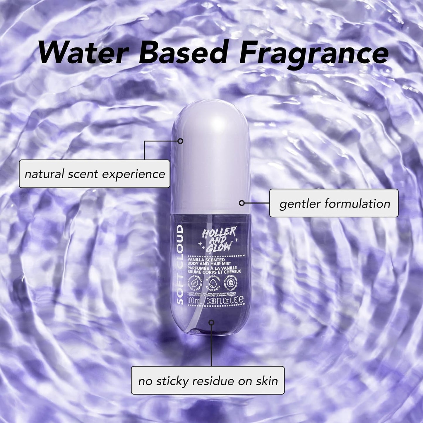 Holler And Glow Mood Boosting Soft Cloud Body & Hair Mist, Body Spray, Teen Girls Spritz, Long Lasting, Vanilla, Sweet Scented, Water Based Fragrance For Tweens, Clean & Gentle Formula, 3.38 Fl Oz