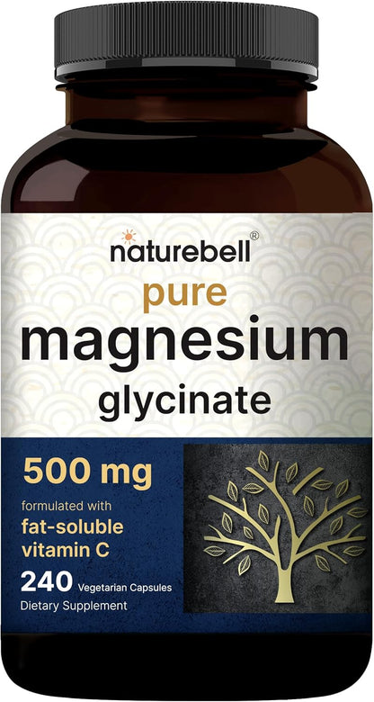 Naturebell Pure Magnesium Glycinate 500mg, 240 Veggie Capsules | 100% Chelated & Purified – 3rd Party Tested, Vegan Friendly, Non-GMO, Filler Free