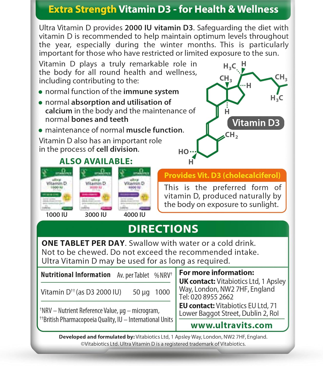 Vitamin D Tablets 2000IU, Vitabiotics Ultra-96 Count 1-Pack