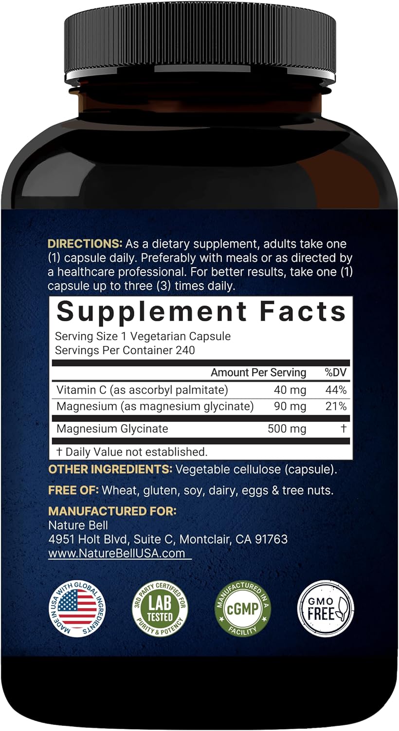 Naturebell Pure Magnesium Glycinate 500mg, 240 Veggie Capsules | 100% Chelated & Purified – 3rd Party Tested, Vegan Friendly, Non-GMO, Filler Free