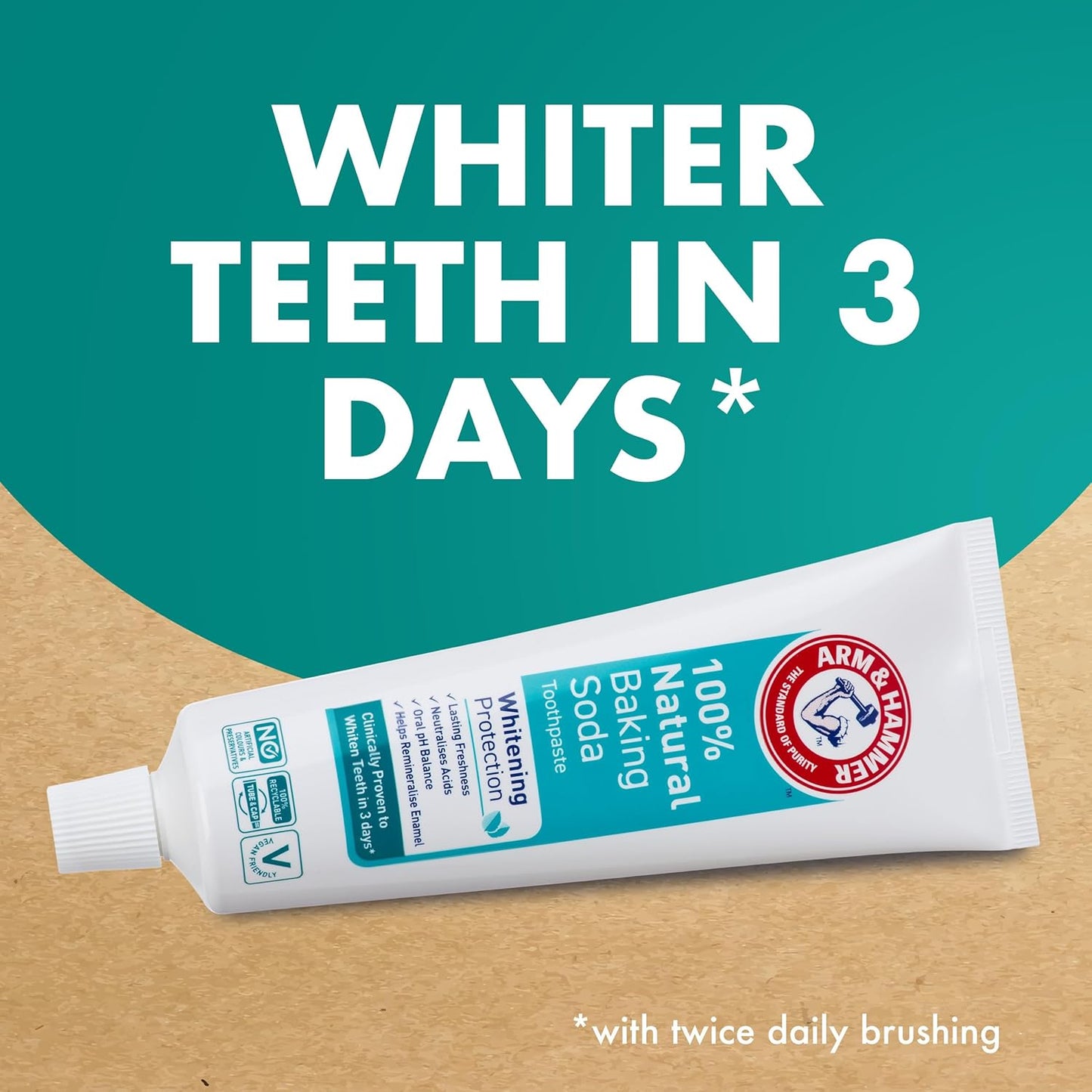 Arm & Hammer 100% Natural Whitening Protection Toothpaste, Baking Soda Teeth Whitening Toothpaste for Superior Stain Removal, 75 ml Tube