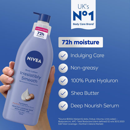 NIVEA Irresistibly Smooth Body Lotion (400ml), 72H Hydration NIVEA Moisturiser for Soft and Smooth Skin Made with Pure Hyaluron and Shea Butter, Intensive Moisturising Body Moisturiser