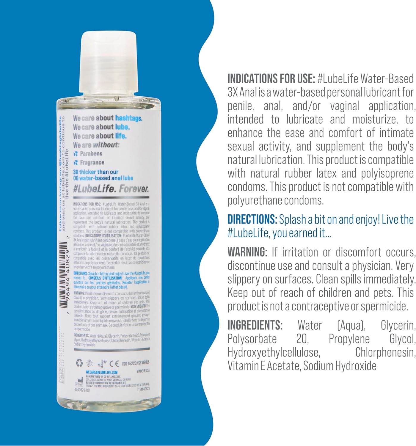 LubeLife 3X Anal Lubricant, Thicker Water-Based lube for Men, Women and Couples, Extra Protection, Non-Sticky, Smooth Glide, 8 Fl Oz