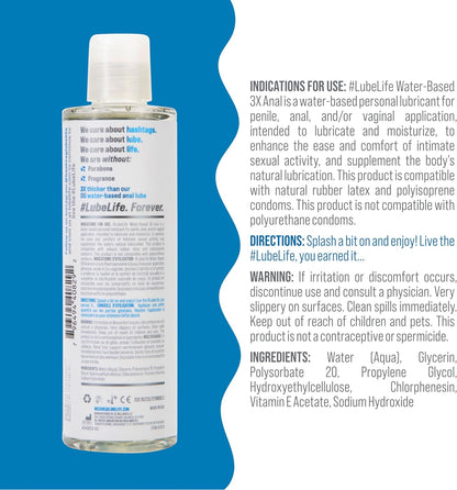 LubeLife 3X Anal Lubricant, Thicker Water-Based lube for Men, Women and Couples, Extra Protection, Non-Sticky, Smooth Glide, 8 Fl Oz