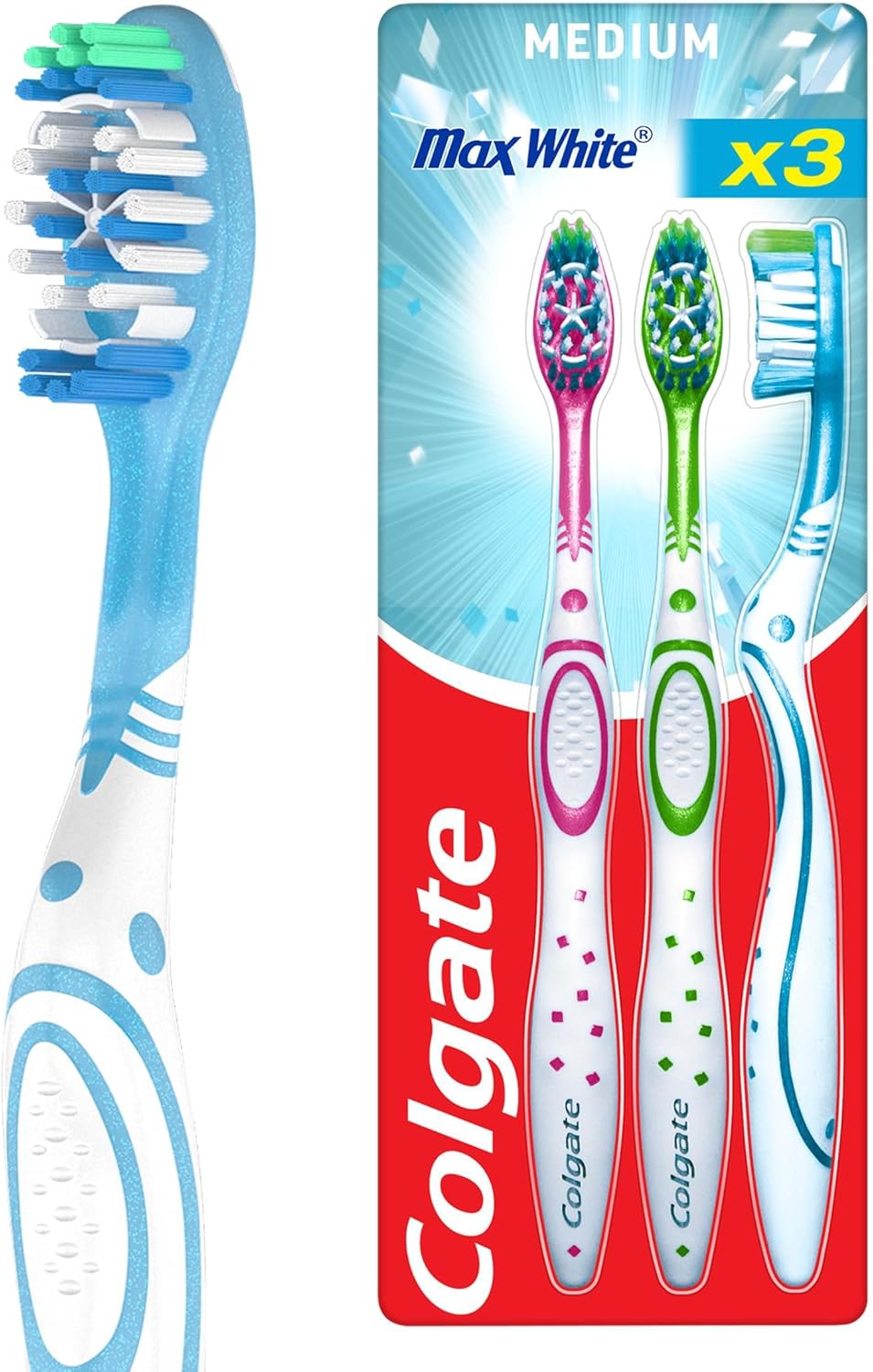Colgate Max White Toothbrushes - Teeth Whitening Toothbrush with Polishing Star - Medium Manual Toothbrush - Assorted Designs - Adult Toothbrush Multipack - 3 Pack