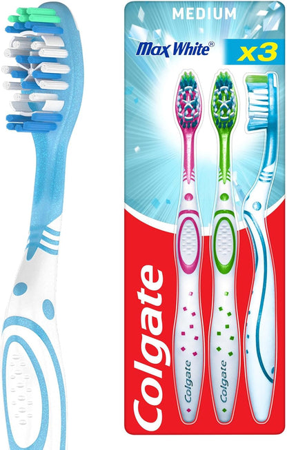 Colgate Max White Toothbrushes - Teeth Whitening Toothbrush with Polishing Star - Medium Manual Toothbrush - Assorted Designs - Adult Toothbrush Multipack - 3 Pack