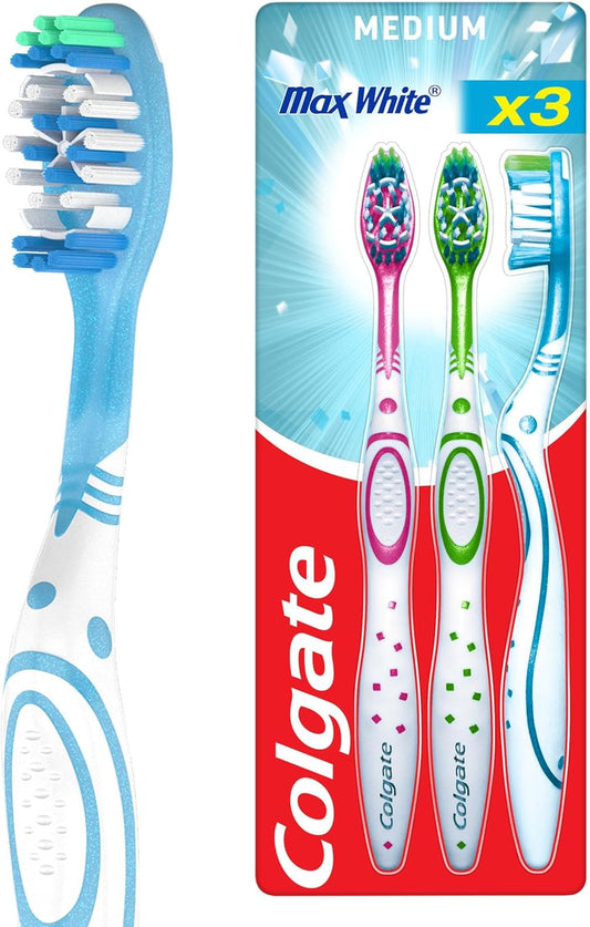 Colgate Max White Toothbrushes - Teeth Whitening Toothbrush with Polishing Star - Medium Manual Toothbrush - Assorted Designs - Adult Toothbrush Multipack - 3 Pack