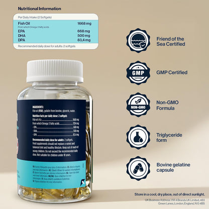 Omega 3 Capsules High Strength Fish Oil 1334mg – Easy to Swallow, No Fishy Taste – for Heart & Brain – 668mg EPA, 500mg DHA – 80% Concentrate Triglyceride Form – 120 Caps, 2 Month Supply – 4 HIM & HER