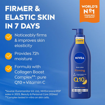 NIVEA Q10 Firming Rich Body Lotion + Vitamin C (400ml), Firming Cream with Collagen Booster Complex, 72H Moisturiser, Body Lotion for Dry Skin