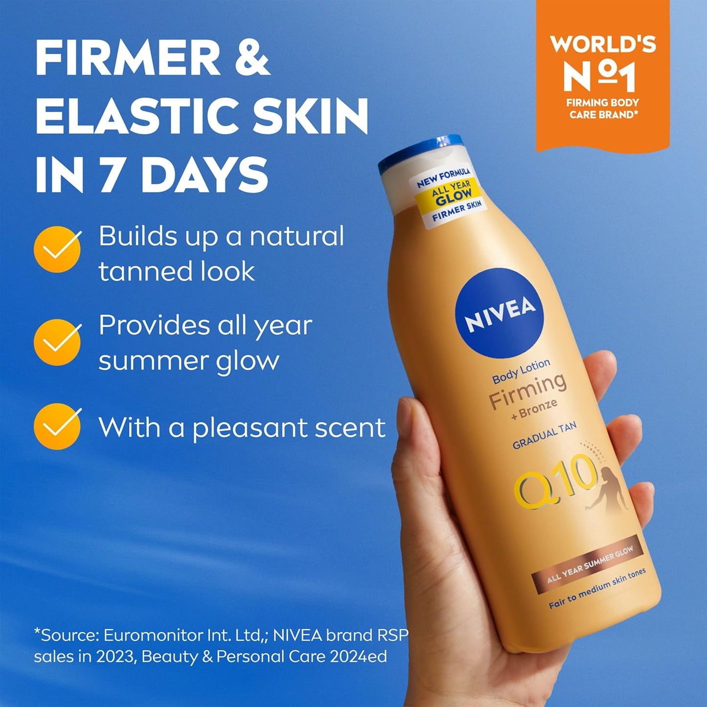 NIVEA Q10 Firming + Bronze Gradual Tan Body Lotion (400 ml), Firming Cream for Bronzed Skin with Q10, Supports a Gradual Tan, Tanning Moisturiser for a Sun-Kissed Radiant Glow