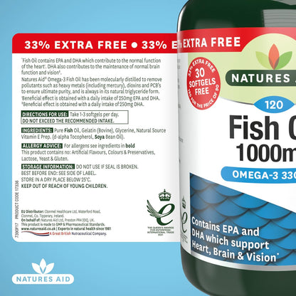 Natures Aid Fish Oil 1000mg – High Strength Omega-3 Supplement with DHA & EPA – Supports Heart, Brain Vision, Immune & Joint Health Non-GMO – High Strength Natural Fish Oil – 120 Softgel Capsules
