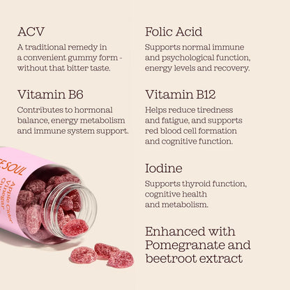 Apple Cider Vinegar Gummies with The Mother 1000mg | Enhanced with Vitamin B12 & Folic Acid | 60 Vegan ACV Capsules with Pomegranate & Beetroot Powder | Natural Ingredients by Free Soul