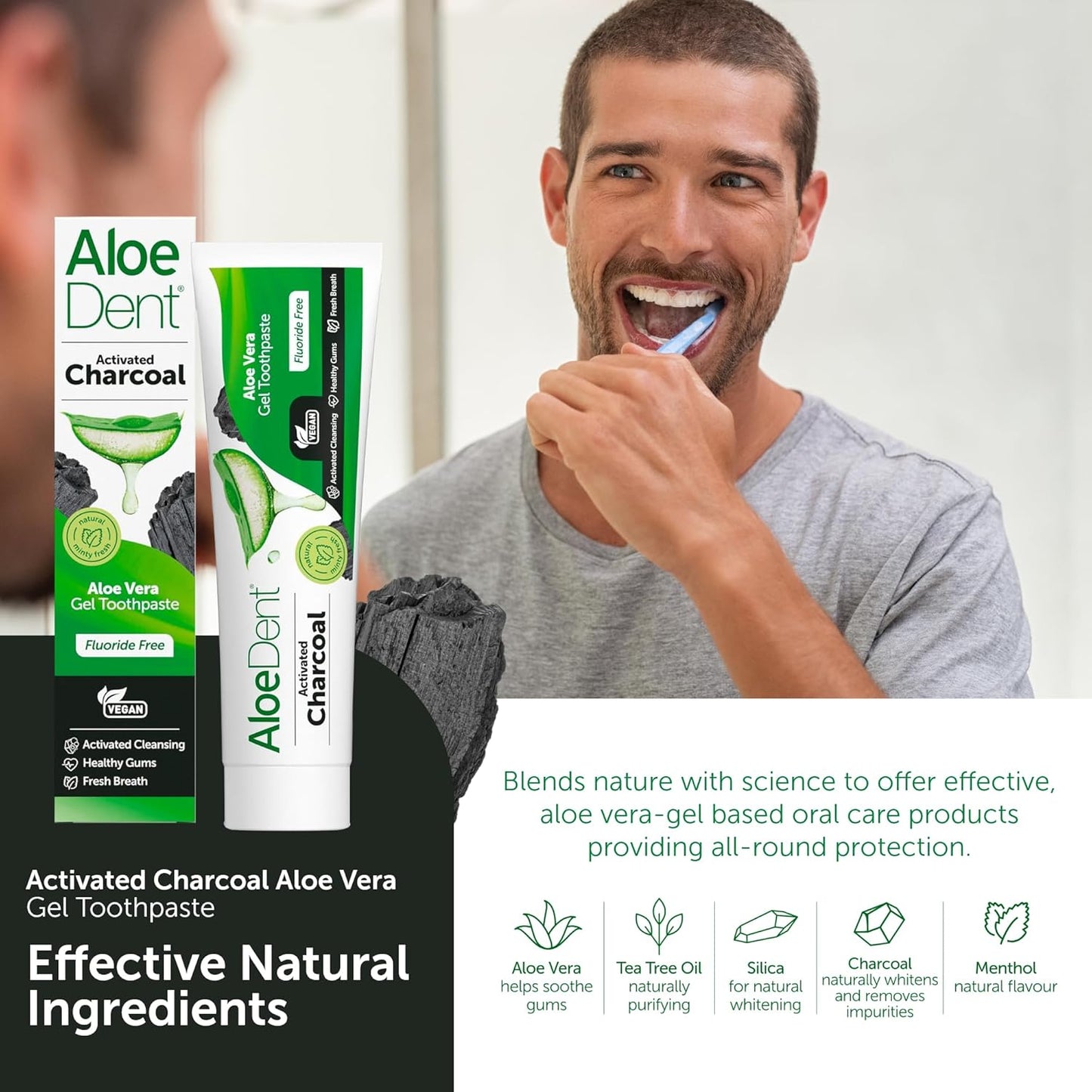 Aloe Dent Charcoal Toothpaste Fluoride Free, Natural Action, Vegan, Cruelty Free , SLS Free, Whitening, Healthy Gums , 100 ml
