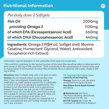 Nutravita Omega 3 Capsules High Strength 2000mg with 660mg EPA & 440mg DHA, 240 Softgel Omega 3 Fish Oil Capsules for 4 Months of Supply, Fish Oil Omega 3 Supplements