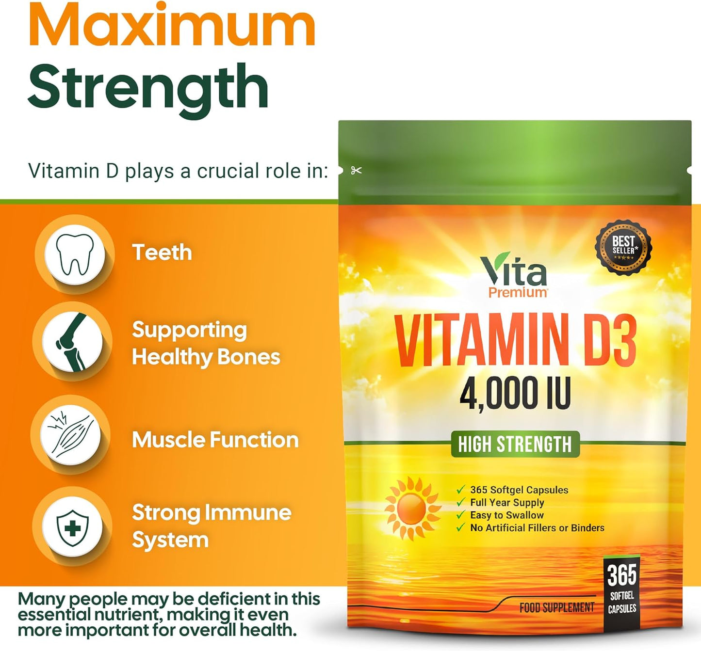 Vitamin D 4,000 IU Gel Capsules, High Strength Vitamin D3 Supplement, 365 Easy to Swallow Tablets - Full Year Supply