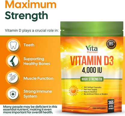 Vitamin D 4,000 IU Gel Capsules, High Strength Vitamin D3 Supplement, 365 Easy to Swallow Tablets - Full Year Supply