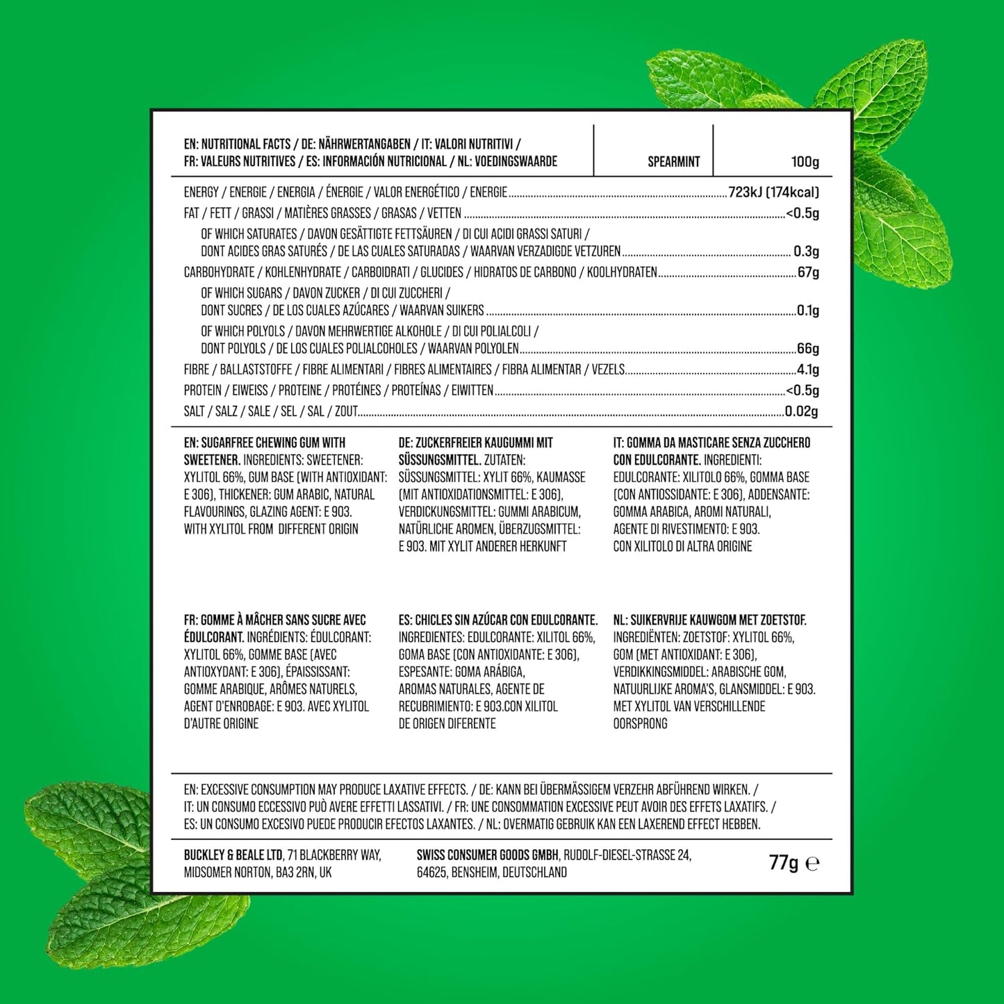 PUR Gum | Sugar Free Chewing Gum | Made with Xylitol | Vegan, Aspartame Free, Gluten Free & Keto Friendly | Natural Spearmint Flavoured Gum, 55 Pieces (Pack of 1)