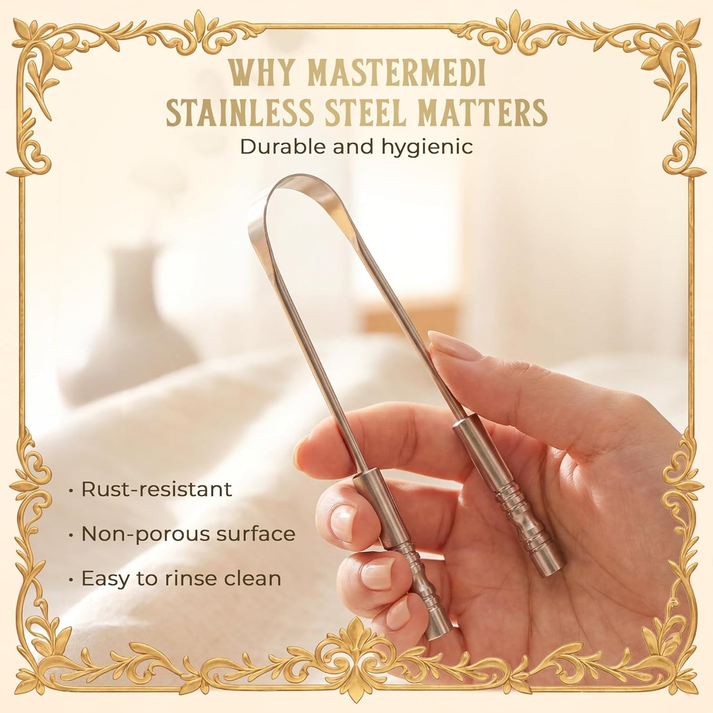 MasterMedi Tongue Scraper with Travel Case (2 Pack), Bad Breath Treatment Tongue Scraper for Adults, Medical Grade 100% Stainless Steel for Oral Care, Easy to Use Tongue Cleaner for Hygiene