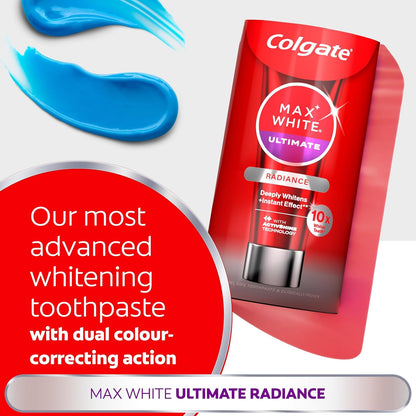 Colgate Max White Ultimate Radiance Whitening Toothpaste 75ml - 10X Whiter Teeth* - Instant Teeth Whitening Toothpaste - Deeply* Whitens - Helps Prevent Future Stains - Enamel Safe for Daily Use