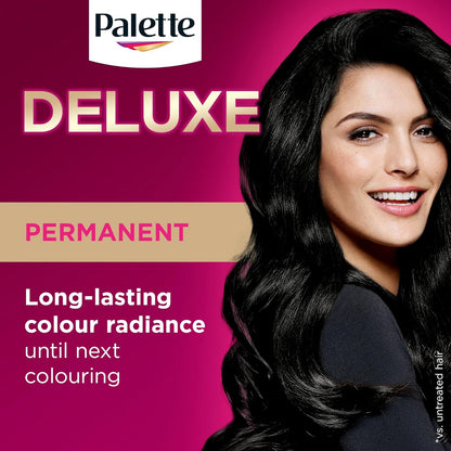 Palette Deluxe Creme Colouration 1-0 Deep Natural Black Hair Dye, Permanent Hair Dye, Long-Lasting Hair Colouring with Moisture Retention Treatment and 100% Grey Coverage