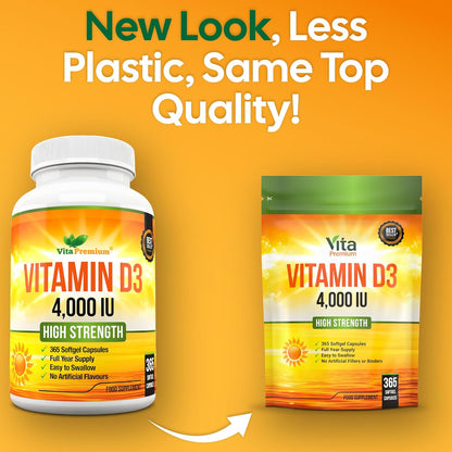 Vitamin D 4,000 IU Gel Capsules, High Strength Vitamin D3 Supplement, 365 Easy to Swallow Tablets - Full Year Supply