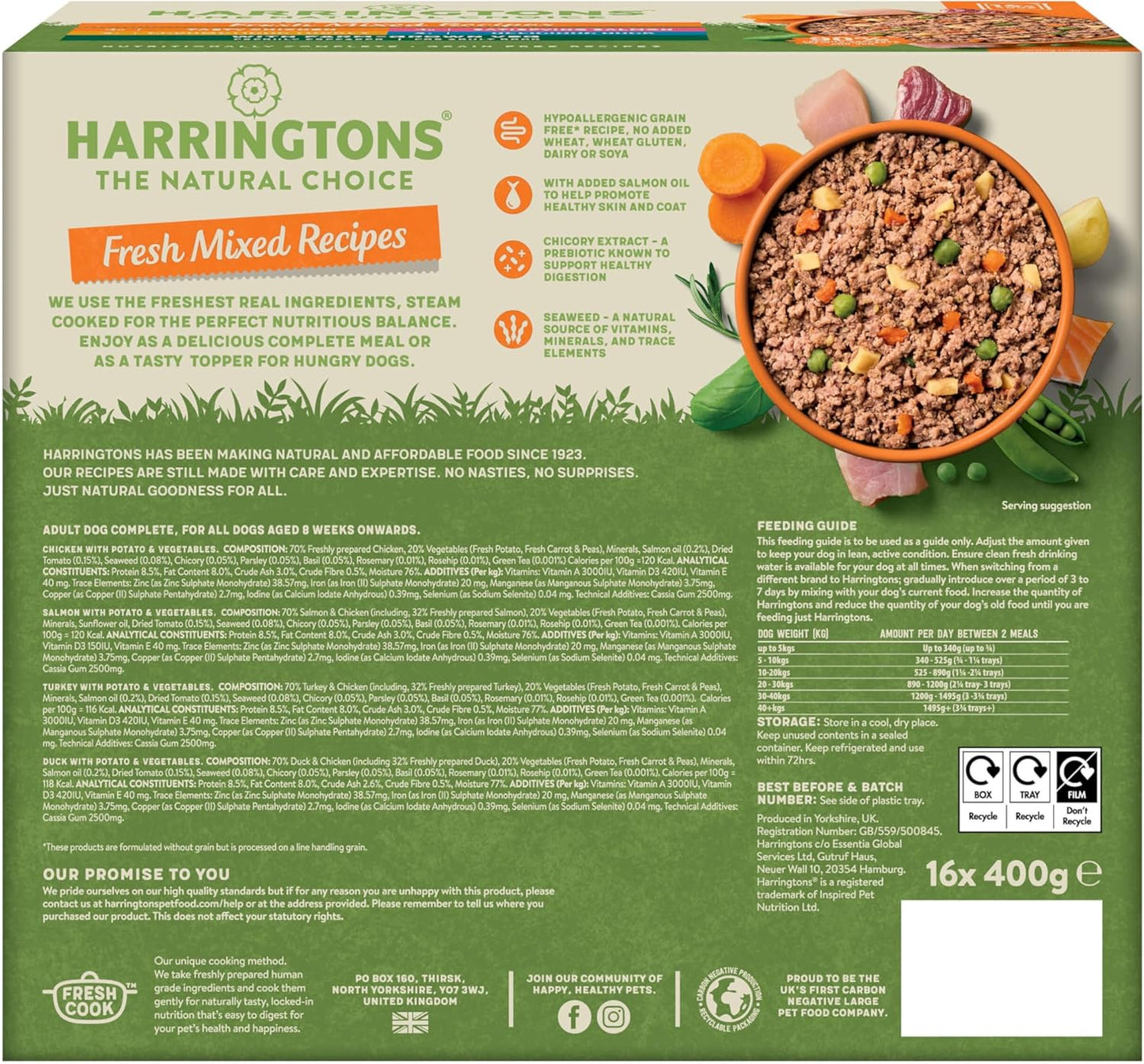 Harringtons Complete Wet Tray Grain Free Hypoallergenic Adult Dog Food Mixed Bumper Pack 16x400g - Chicken, Salmon, Turkey & Duck - Made with All Natural Ingredients, Packaging May Vary