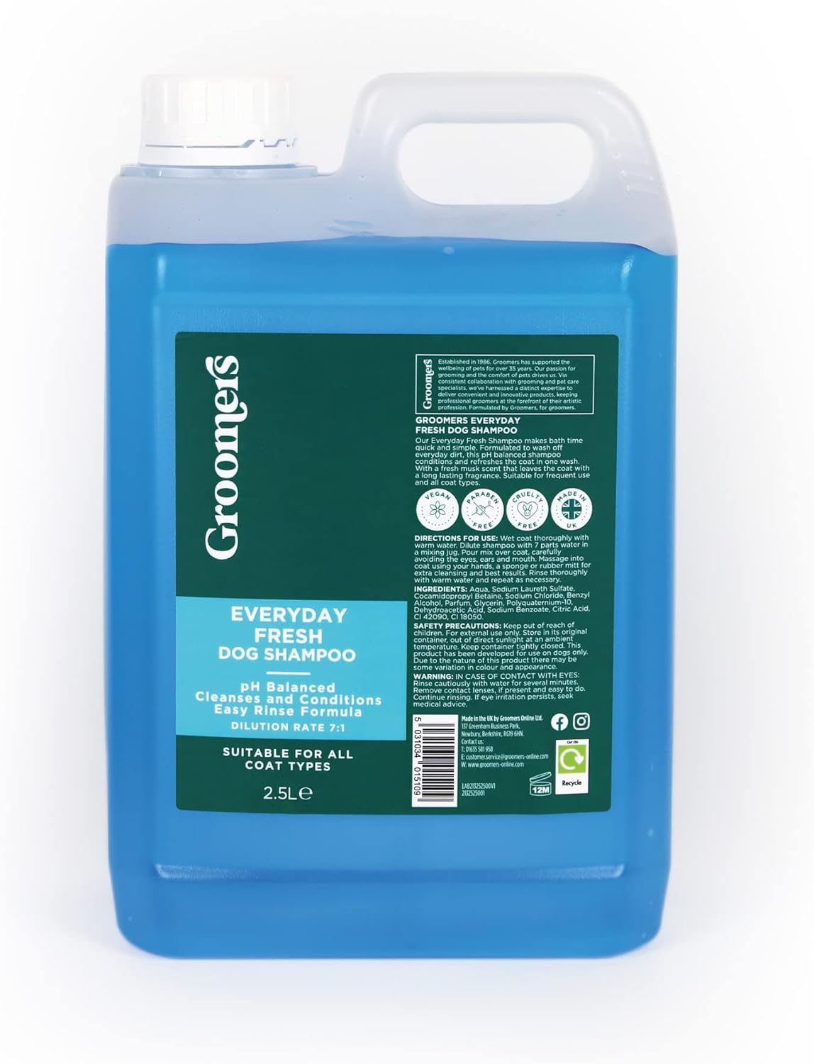 Groomers Everyday Fresh Dog Shampoo for Dog Grooming 2.5L - Long Lasting Fragrance - Cleanses and Conditions - pH Balanced, Vegan, Paraben Free Easy Rinse - Suitable for All Coats