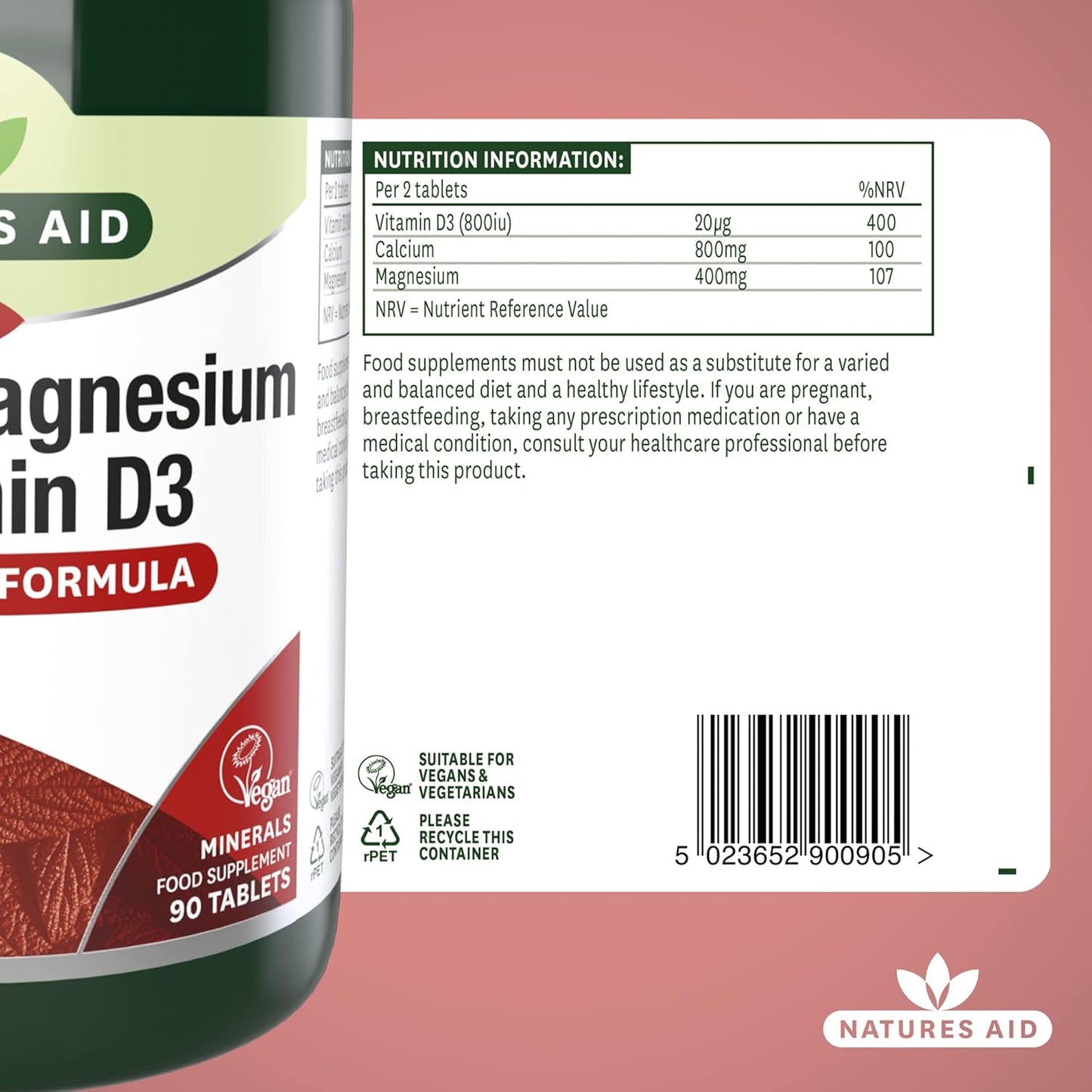 Natures Aid Calcium Magnesium & Vitamin D3 - Supports Bones Teeth Muscle Function & Immunity Supplement - High Potency Calcium Absorption and Immune Health - Vegan, Non-GMO, Gluten-Free