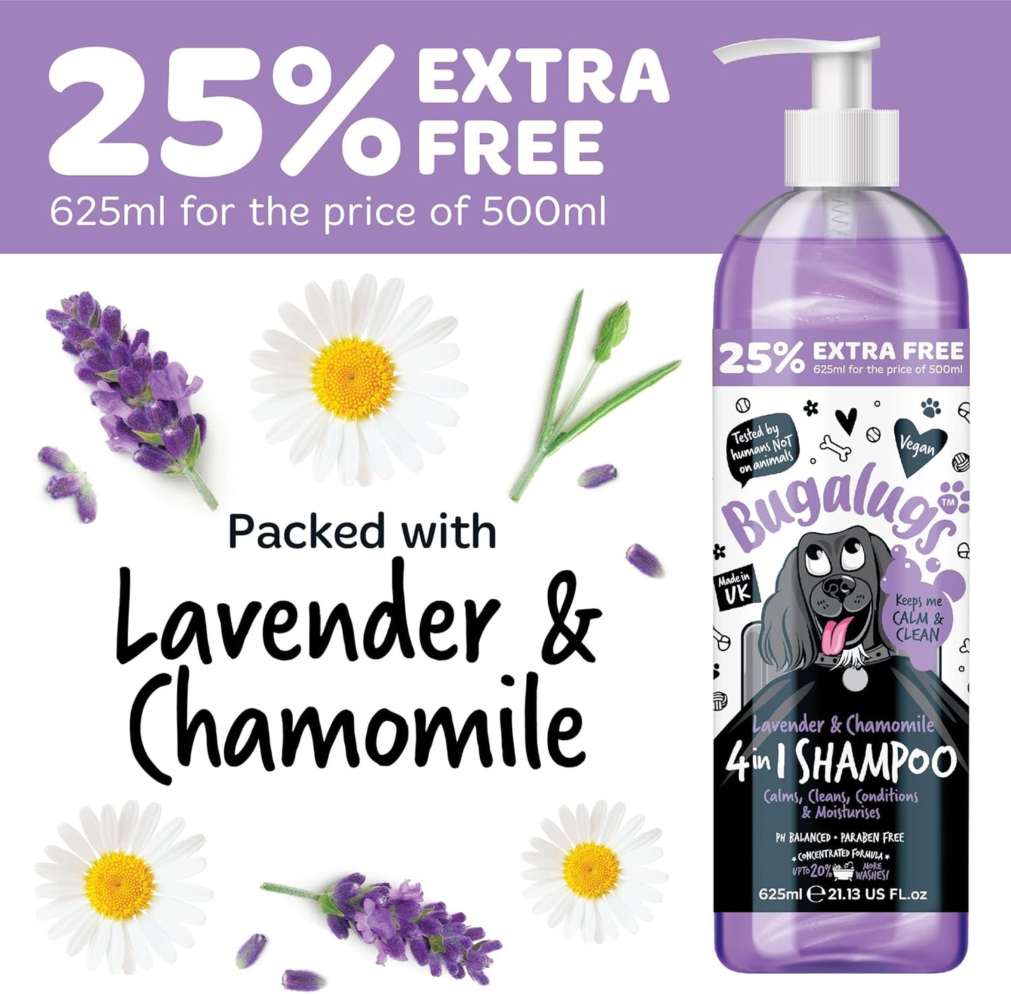 Bugalugs Lavender & Chamomile 4-in-1 Dog Shampoo and Conditioner - Professional Pet Grooming for Smelly Puppies - Vegan Formula