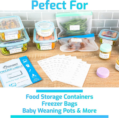 Innoveem Freezer Labels Easy Peel Off - Frozen Food Labels Stickers That Leave No Sticky Residue After Use - Perfectly Sized Reusable Fridge Labels (6 x 3cm) with Easy to Write Surface. [100 Pack]