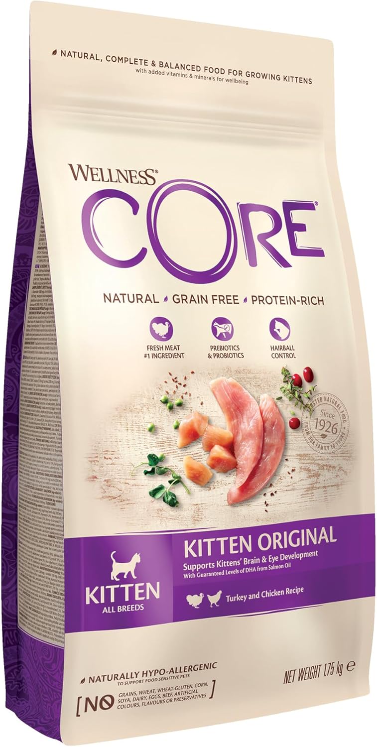 Wellness CORE Kitten 1.75 kg, Turkey & Chicken – Dry Cat Food for Kittens, Grain-Free, Natural, Hypoallergenic, Protein-Rich, High Meat Content, Supports Brain & Eye Development