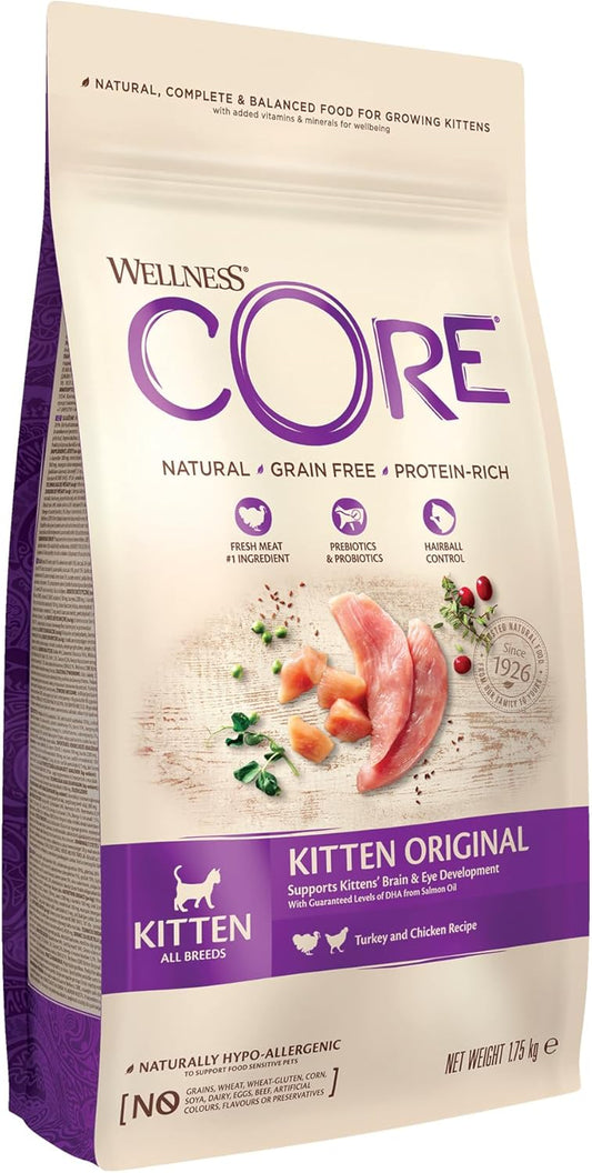 Wellness CORE Kitten 1.75 kg, Turkey & Chicken – Dry Cat Food for Kittens, Grain-Free, Natural, Hypoallergenic, Protein-Rich, High Meat Content, Supports Brain & Eye Development