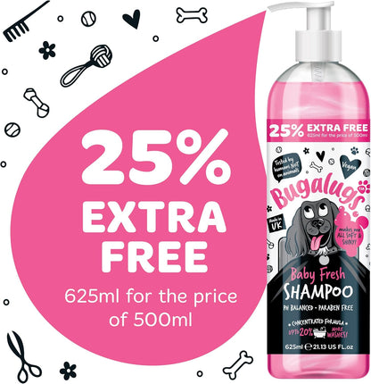 BUGALUGS Baby Fresh Dog Shampoo grooming products for smelly dogs with baby powder scent, best puppy shampoo, Vegan pet shampoo professional