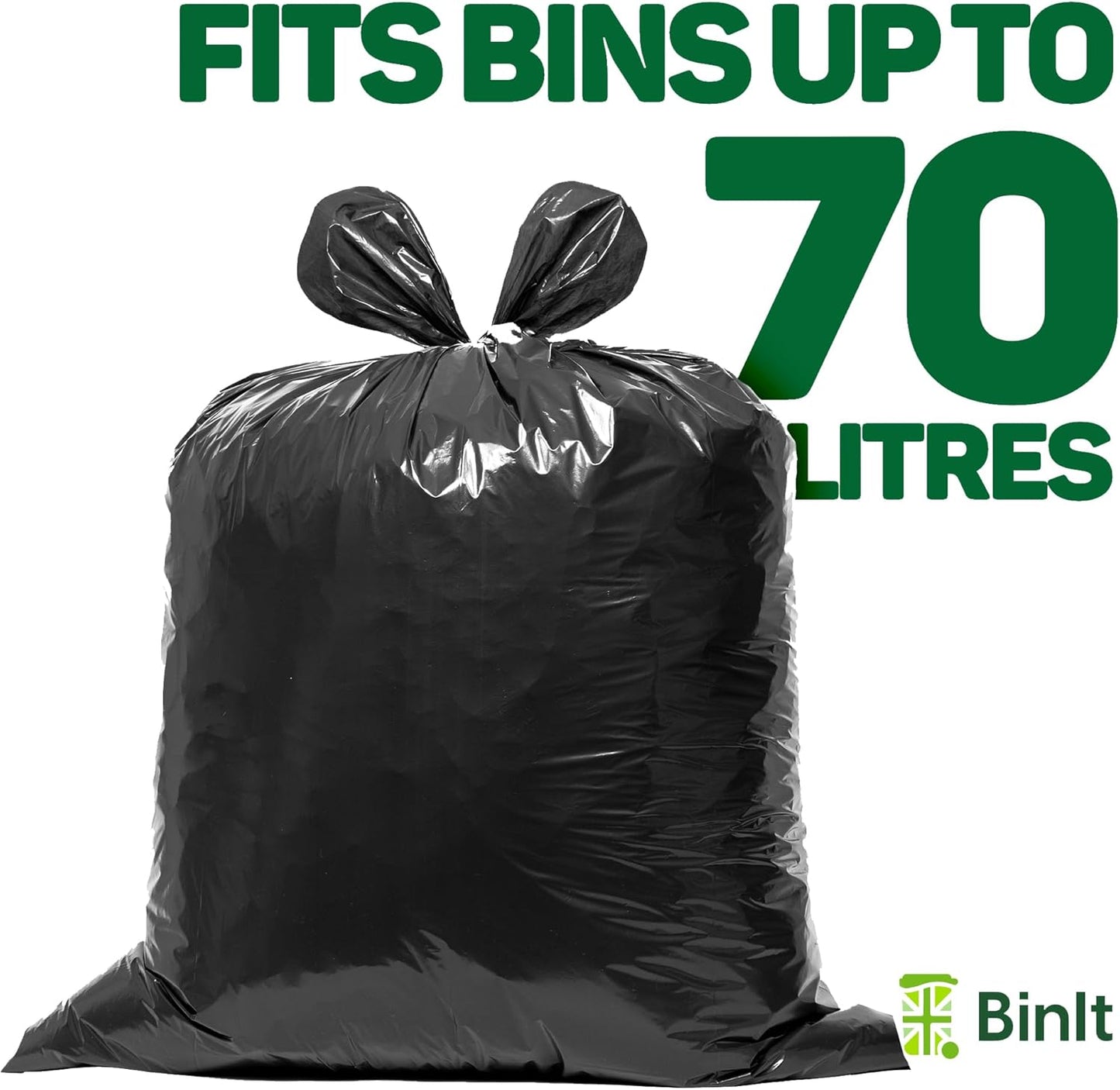 BIN IT 40 Everyday 70L Strong & Secure, Refuse Sacks, Bin Bags, Bin Liners, Flat Top, Recycled, Tear Resistant, 30 μm, Perfect for Everyday Use, Household, Office, Kitchen & Caterers