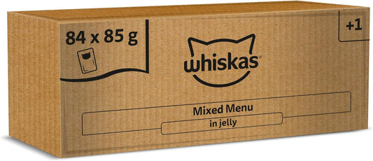 whiskas 1 plus Adult Mixed Selection in Jelly 84 Pouches, Adult Wet Cat Food, Megapack (84 x 85 g)