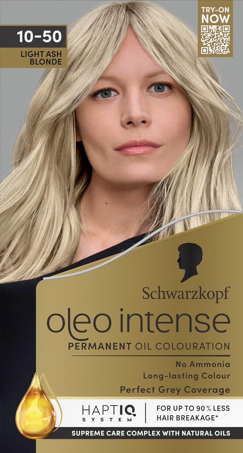 Schwarzkopf Oleo Intense Permanent Oil Colour 10-50 Light Ash Blonde Hair Dye, Perfect Grey Coverage, Conditioner with HaptIQ System, Long-Lasting Colour, Ammonia Free Hair Dye