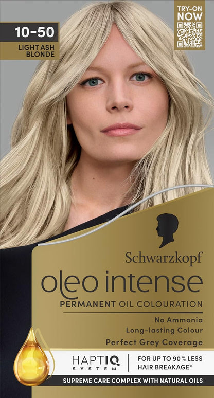 Schwarzkopf Oleo Intense Permanent Oil Colour 10-50 Light Ash Blonde Hair Dye, Perfect Grey Coverage, Conditioner with HaptIQ System, Long-Lasting Colour, Ammonia Free Hair Dye