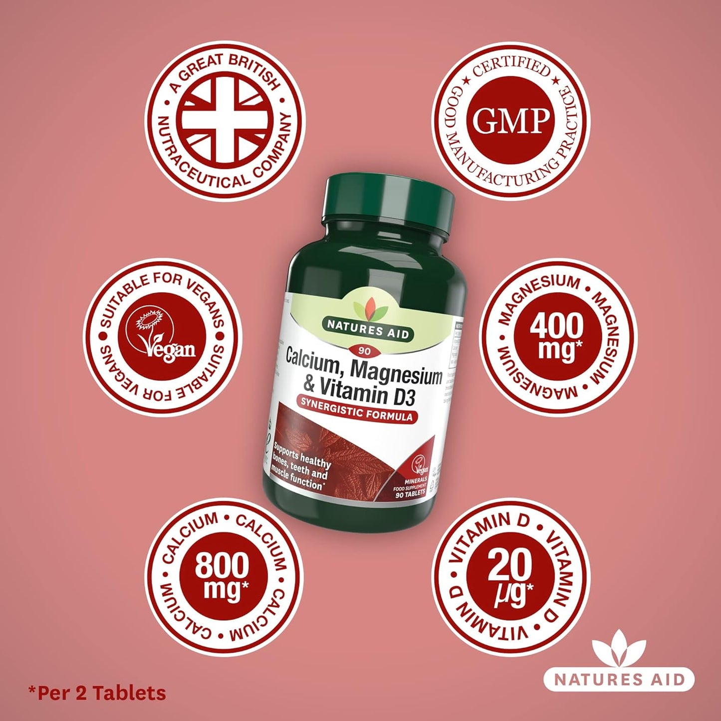 Natures Aid Calcium Magnesium & Vitamin D3 - Supports Bones Teeth Muscle Function & Immunity Supplement - High Potency Calcium Absorption and Immune Health - Vegan, Non-GMO, Gluten-Free