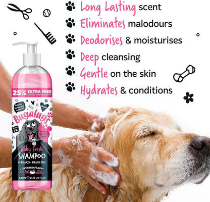 BUGALUGS Baby Fresh Dog Shampoo grooming products for smelly dogs with baby powder scent, best puppy shampoo, Vegan pet shampoo professional
