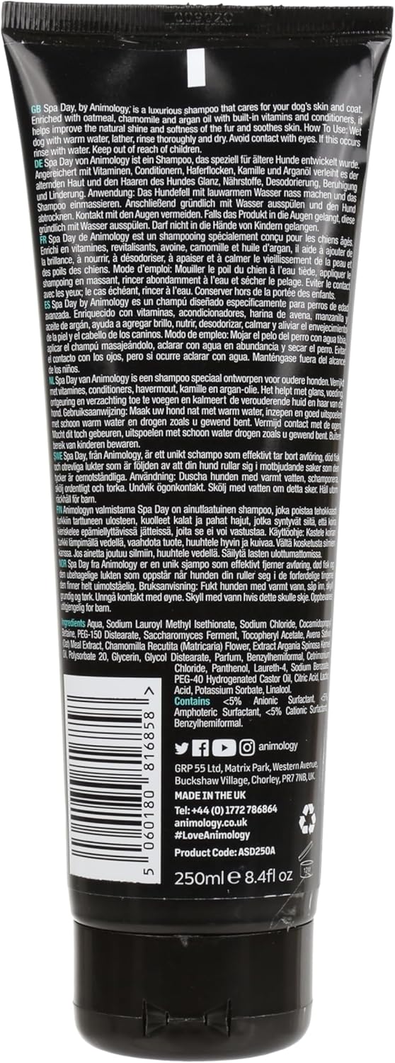 Animology Spa Day Dog Shampoo 250ml | Easy Rince |PH Balanced | Deodorising | Multi Vitamins Oatmeal, Chamomile & Argan Oil | 100% Vegan and Recyclable (14ANI71)