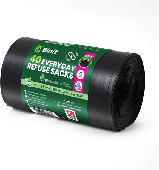 BIN IT 40 Everyday 70L Strong & Secure, Refuse Sacks, Bin Bags, Bin Liners, Flat Top, Recycled, Tear Resistant, 30 μm, Perfect for Everyday Use, Household, Office, Kitchen & Caterers