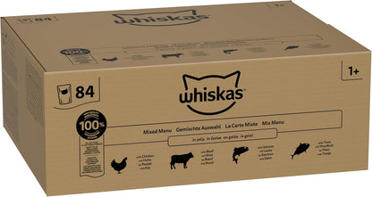 whiskas 1 plus Adult Mixed Selection in Jelly 84 Pouches, Adult Wet Cat Food, Megapack (84 x 85 g)