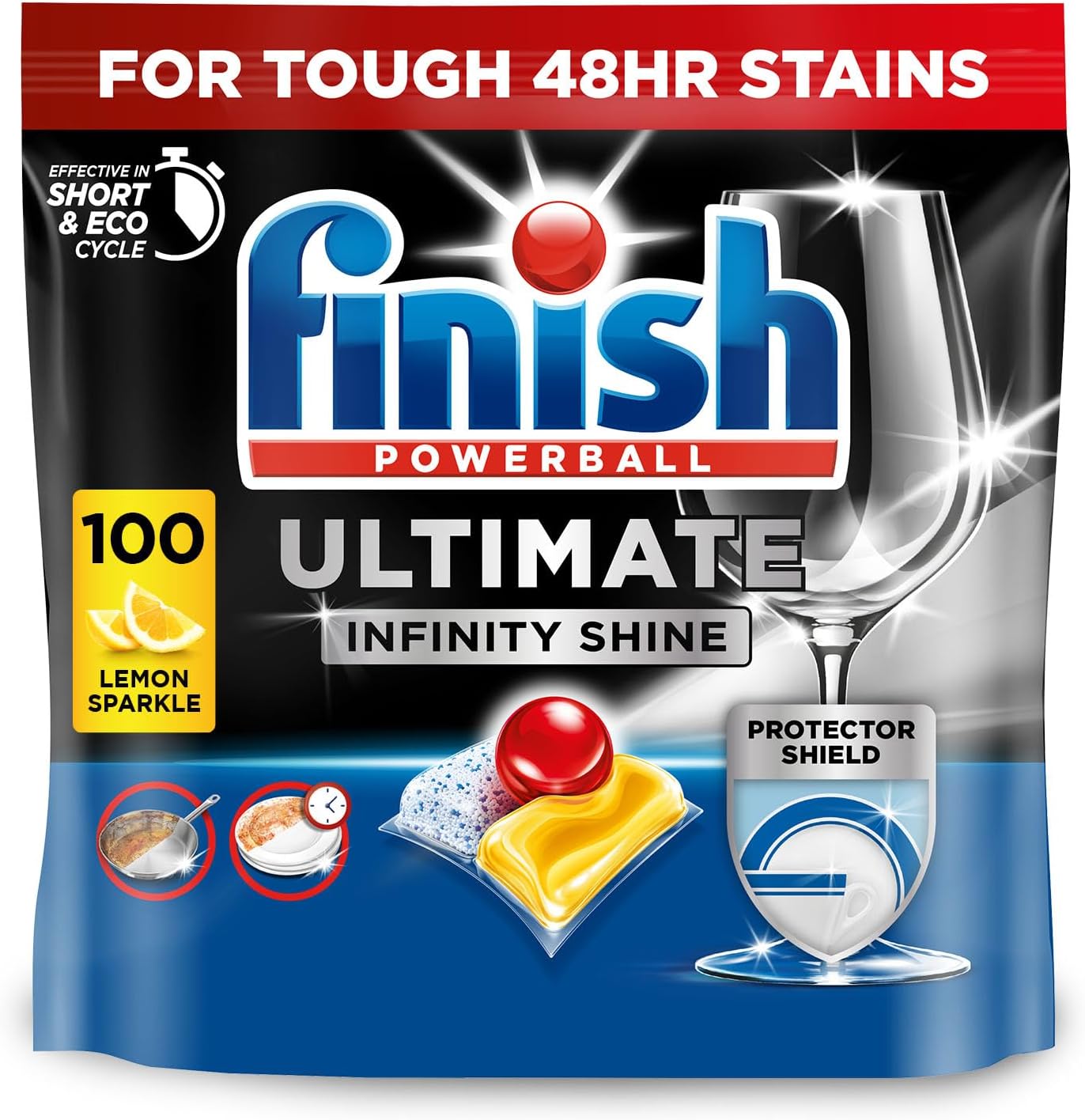 Finish Dishwasher Tablet, Ultimate Infinity Shine, 100 Tablets, Lemon Sparkle, Clean & Shine Detergent Tabs, Tough on Grease Stains, Effective for Short Eco Cycle