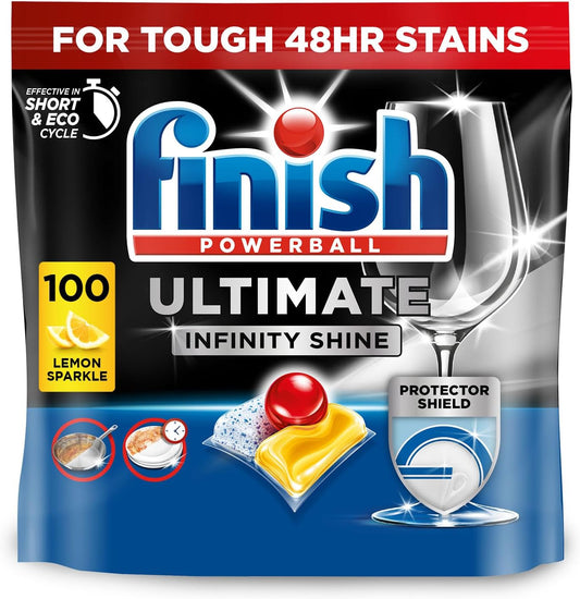 Finish Dishwasher Tablet, Ultimate Infinity Shine, 100 Tablets, Lemon Sparkle, Clean & Shine Detergent Tabs, Tough on Grease Stains, Effective for Short Eco Cycle
