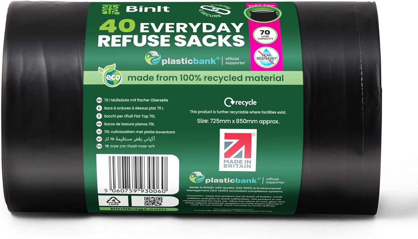 BIN IT 40 Everyday 70L Strong & Secure, Refuse Sacks, Bin Bags, Bin Liners, Flat Top, Recycled, Tear Resistant, 30 μm, Perfect for Everyday Use, Household, Office, Kitchen & Caterers